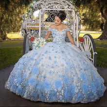 Load image into Gallery viewer, Light Sky Blue Quinceanera Dress Off Shoulder Appliques Sequins Flowers Party Princess Sweet 16 Ball Gown Vestidos De 15 Años