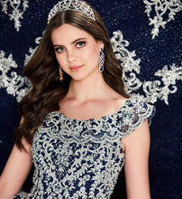Load image into Gallery viewer, Navy Blue Quinceanera Dresses Ball Gown Off The Shoulder Tulle Appliques Beaded Puffy Mexican Sweet 16 Dresses 15 Anos