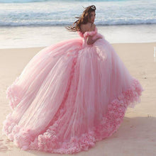 Load image into Gallery viewer, New Puffy Ball Gown Wedding Dresses Princess Cinderella Pink Party Gowns Off Shoulder 3D Flowers vestidos de 15 anos Bridal Gown