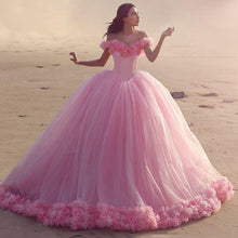 Load image into Gallery viewer, New Puffy Ball Gown Wedding Dresses Princess Cinderella Pink Party Gowns Off Shoulder 3D Flowers vestidos de 15 anos Bridal Gown