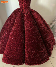 Load image into Gallery viewer, Dubai White Wedding Dresses Lace Up Ball Gown Fluffy Sequined Sparkly One Shoulder Bridal Gowns Long Sleeves Robe De Mariee 2020