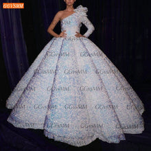 Load image into Gallery viewer, Dubai White Wedding Dresses Lace Up Ball Gown Fluffy Sequined Sparkly One Shoulder Bridal Gowns Long Sleeves Robe De Mariee 2020