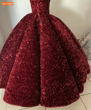 Load image into Gallery viewer, Dubai White Wedding Dresses Lace Up Ball Gown Fluffy Sequined Sparkly One Shoulder Bridal Gowns Long Sleeves Robe De Mariee 2020