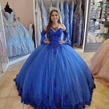 Load image into Gallery viewer, Princess Arabic Royal Blue Quinceanera Dresses 2020 Lace Applique Beaded Sweetheart Prom Dresses Lace-up Sweet 16 Party Dress