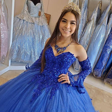 Load image into Gallery viewer, Princess Arabic Royal Blue Quinceanera Dresses 2020 Lace Applique Beaded Sweetheart Prom Dresses Lace-up Sweet 16 Party Dress