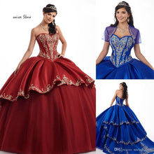Load image into Gallery viewer, Embroidery Royal Blue Quinceanera Dresses Mexican Ball Gown Red Prom Dress With Jacket Tiered Satin Tulle Sweet 15 Dress Corset