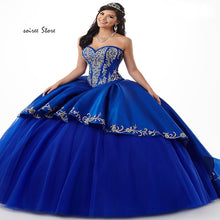 Load image into Gallery viewer, Embroidery Royal Blue Quinceanera Dresses Mexican Ball Gown Red Prom Dress With Jacket Tiered Satin Tulle Sweet 15 Dress Corset