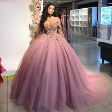Load image into Gallery viewer, Pink Ball Gown Quinceanera Dress Beaded Prom Dresses Off The Shoulder Formal Quinceanera Gowns 3D flowers Sweep Train Tulle