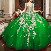 Load image into Gallery viewer, Red Tulle Appliques Ball Gown Puffy Pleat Quinceanera Dresses Corset Back Vestido 15 Anos Festa Graduation Plus Size