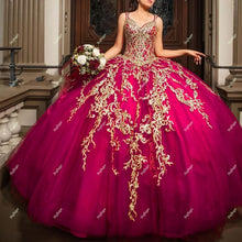 Load image into Gallery viewer, Red Tulle Appliques Ball Gown Puffy Pleat Quinceanera Dresses Corset Back Vestido 15 Anos Festa Graduation Plus Size