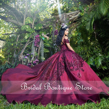 Load image into Gallery viewer, Burgundy Quinceanera Dresses with Sequins Applique Off the Shoulder Sweet 16 Dress vestido de 15 anos 2021 Ball Prom Gowns