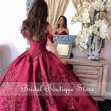 Load image into Gallery viewer, Burgundy Quinceanera Dresses with Sequins Applique Off the Shoulder Sweet 16 Dress vestido de 15 anos 2021 Ball Prom Gowns