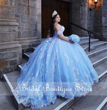Load image into Gallery viewer, Stunning Bahama Blue Sweet 16 Quinceanera Dresses Sequins Lace Applique Sweetheart Removeable Short Sleeve vestido de 15 anos