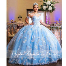 Load image into Gallery viewer, Stunning Bahama Blue Sweet 16 Quinceanera Dresses Sequins Lace Applique Sweetheart Removeable Short Sleeve vestido de 15 anos