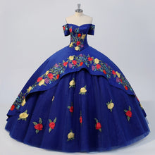 Load image into Gallery viewer, Mexican Charra Navy Blue with Red Embroidery Quinceanera Dresses Ball Gown Metal buttons Sweet 15 Dress Custom Size