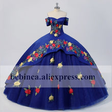 Load image into Gallery viewer, Mexican Charra Navy Blue with Red Embroidery Quinceanera Dresses Ball Gown Metal buttons Sweet 15 Dress Custom Size