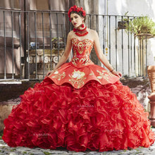 Load image into Gallery viewer, Red Mexican Charra Quinceanera Dresses Gold Embroidery Ball Gown Sweet 15 Dress Vestidos 16 Anos