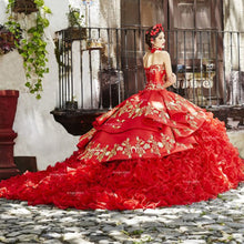 Load image into Gallery viewer, Red Mexican Charra Quinceanera Dresses Gold Embroidery Ball Gown Sweet 15 Dress Vestidos 16 Anos