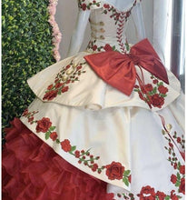 Load image into Gallery viewer, Modest Red and White Ruffles Satin Ball Gowns Off Shoulder Vestidos De 15 Años 2022 Dresses xv years Quinceaneras Mexican Dress