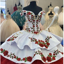 Load image into Gallery viewer, Modest Red and White Ruffles Satin Ball Gowns Off Shoulder Vestidos De 15 Años 2022 Dresses xv years Quinceaneras Mexican Dress