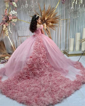 Load image into Gallery viewer, Pink Sweet 16 Quinceanera Dresses Appliques Flowers Off Shoulder Ruched Ball Gown Dress Vestido De 15 Anos 2022
