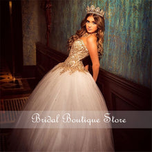 Load image into Gallery viewer, White Quinceanera Dress Corset Back Sweetheart Gold Crystal Beaded vestidos de 15 años 2021 Sweet 16 Gowns