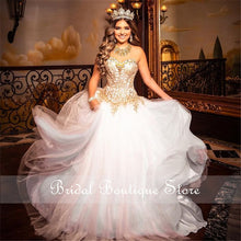 Load image into Gallery viewer, White Quinceanera Dress Corset Back Sweetheart Gold Crystal Beaded vestidos de 15 años 2021 Sweet 16 Gowns