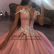 Load image into Gallery viewer, Pink Quinceanera Dresses 2021 Deep V Neck Sweet 16 Dresses Backless Puffy Skirt Birthday Party Sweep Train vestidos de 15 años