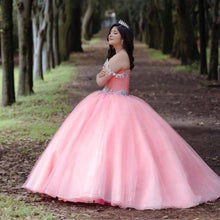 Load image into Gallery viewer, Pink Quinceanera Dresses 2021 Deep V Neck Sweet 16 Dresses Backless Puffy Skirt Birthday Party Sweep Train vestidos de 15 años
