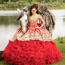 Load image into Gallery viewer, vestidos de fiesta Red Mexican Quinceanera Dresses 2021 Lace Appliqued Crystal Beaded Sweet 16 Dress vestidos de XV 15 años