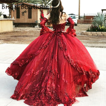 Load image into Gallery viewer, Burgundy Organza Sweet 16 Quinceanera Dress Sequined Applique Beaded Sweetheart Pageant Dress Mexican Girl Birthday Gown
