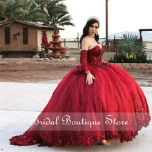 Load image into Gallery viewer, Burgundy Organza Sweet 16 Quinceanera Dress Sequined Applique Beaded Sweetheart Pageant Dress Mexican Girl Birthday Gown