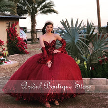 Load image into Gallery viewer, Burgundy Organza Sweet 16 Quinceanera Dress Sequined Applique Beaded Sweetheart Pageant Dress Mexican Girl Birthday Gown