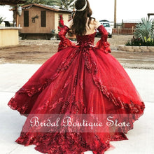 Load image into Gallery viewer, Burgundy Organza Sweet 16 Quinceanera Dress Sequined Applique Beaded Sweetheart Pageant Dress Mexican Girl Birthday Gown