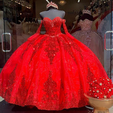 Load image into Gallery viewer, Red Sweet 16 Quinceanera Dress Sequined Sparkly Lace Pageant Party Dress Ball Gown Mexican Girl Birthday Gown