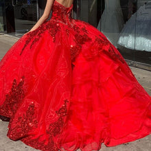 Load image into Gallery viewer, Red Sweet 16 Quinceanera Dress Sequined Sparkly Lace Pageant Party Dress Ball Gown Mexican Girl Birthday Gown