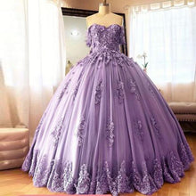 Load image into Gallery viewer, 2021 Pink Purple Prom Quinceanera Dress Ball Gowns 3D Flower Lace Applique Off The Shoulder Lace-up Sweet 15 Party Gowns