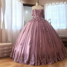 Load image into Gallery viewer, 2021 Pink Purple Prom Quinceanera Dress Ball Gowns 3D Flower Lace Applique Off The Shoulder Lace-up Sweet 15 Party Gowns