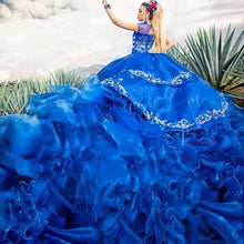 Load image into Gallery viewer, Royal Blue Embroidered Lace Quinceanera Dress Sheer Scoop Neck vestidos de quinceañera Organza Skirt Sweet 16 Dress Vestidos