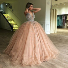 Load image into Gallery viewer, Bling Ball Gown Gold Quinceanera Dresses Rhinestone Puffy Tulle Prom Dress Elegant V Neck Sweet 15 Year Old Party Wear 2022