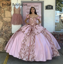 Load image into Gallery viewer, Off Shoulder Rose Gold Sequined Quinceanera Dresses Pink Satin 2021 Lace-up Graduation Dress Sweet 16 Gown Vestidos De 15 Años