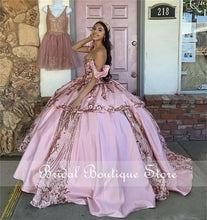 Load image into Gallery viewer, Off Shoulder Rose Gold Sequined Quinceanera Dresses Pink Satin 2021 Lace-up Graduation Dress Sweet 16 Gown Vestidos De 15 Años