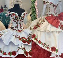 Load image into Gallery viewer, Modest Red and White Ruffles Satin Ball Gowns Off Shoulder Vestidos De 15 Años 2022 Dresses xv years Quinceaneras Mexican Dress