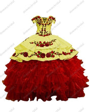 Load image into Gallery viewer, Modest Red and White Ruffles Satin Ball Gowns Off Shoulder Vestidos De 15 Años 2022 Dresses xv years Quinceaneras Mexican Dress