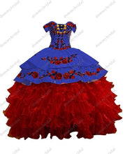 Load image into Gallery viewer, Modest Red and White Ruffles Satin Ball Gowns Off Shoulder Vestidos De 15 Años 2022 Dresses xv years Quinceaneras Mexican Dress