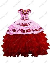 Load image into Gallery viewer, Modest Red and White Ruffles Satin Ball Gowns Off Shoulder Vestidos De 15 Años 2022 Dresses xv years Quinceaneras Mexican Dress