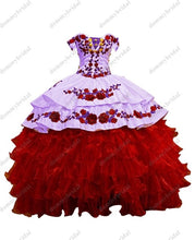 Load image into Gallery viewer, Modest Red and White Ruffles Satin Ball Gowns Off Shoulder Vestidos De 15 Años 2022 Dresses xv years Quinceaneras Mexican Dress