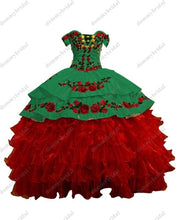 Load image into Gallery viewer, Modest Red and White Ruffles Satin Ball Gowns Off Shoulder Vestidos De 15 Años 2022 Dresses xv years Quinceaneras Mexican Dress
