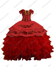 Load image into Gallery viewer, Modest Red and White Ruffles Satin Ball Gowns Off Shoulder Vestidos De 15 Años 2022 Dresses xv years Quinceaneras Mexican Dress