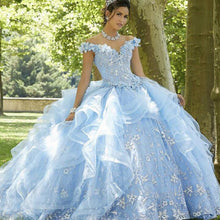 Load image into Gallery viewer, Light Sky Blue Sweet 16 Quinceanera Dress 2021 Off Shoulder Appliques Sequins Flowers Princess Party Gown Vestidos De 15 Años